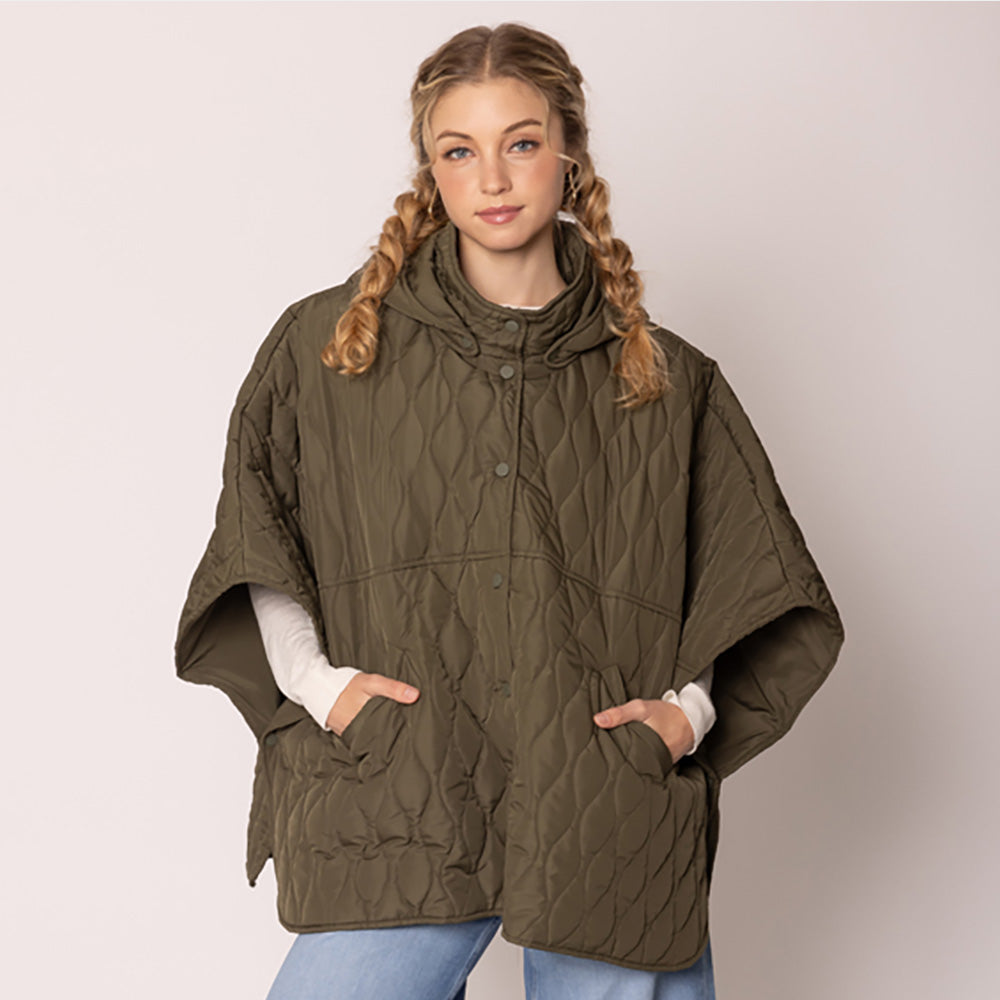 Olive Green Stylish quilted cape jacket featuring a relaxed silhouette, button-up front, and attached hood for added comfort. Perfect for layering during cooler seasons, this versatile outerwear piece combines warmth with a modern, minimalistic design for effortless everyday style.