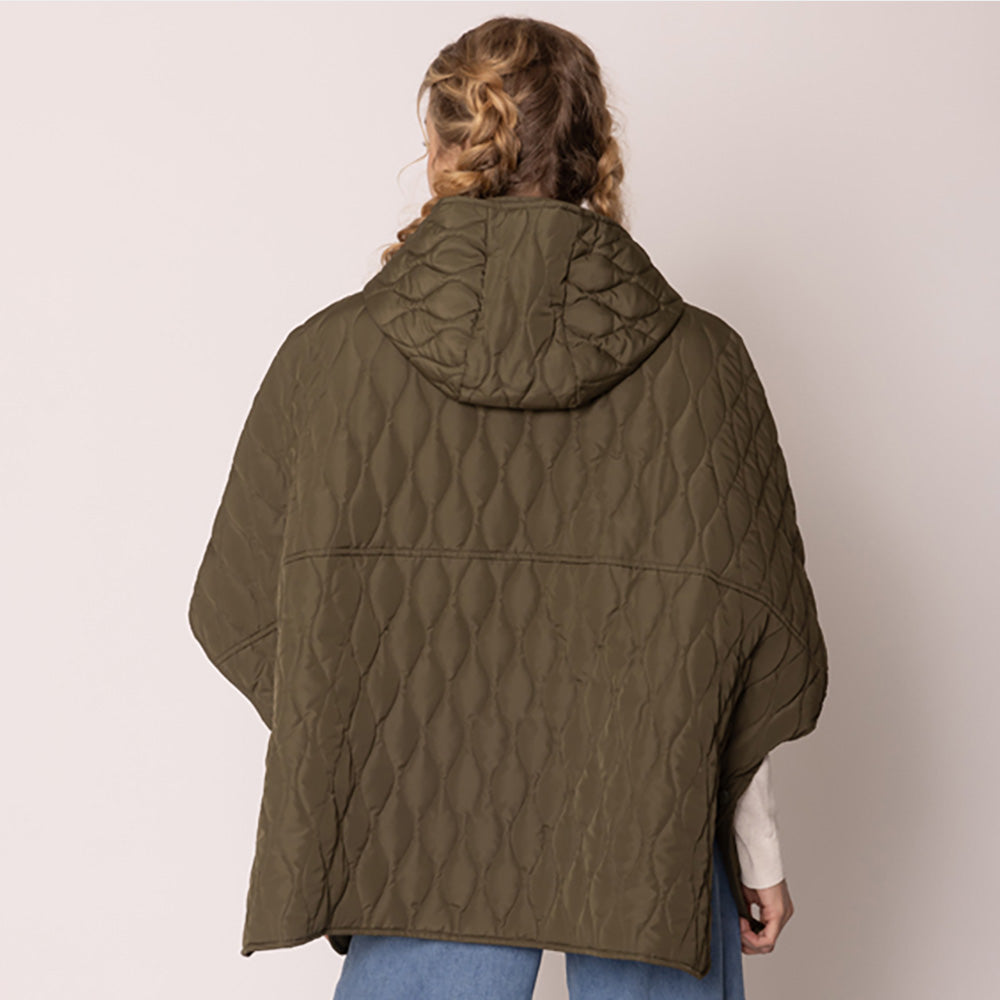 Olive Green Stylish quilted cape jacket featuring a relaxed silhouette, button-up front, and attached hood for added comfort. Perfect for layering during cooler seasons, this versatile outerwear piece combines warmth with a modern, minimalistic design for effortless everyday style.