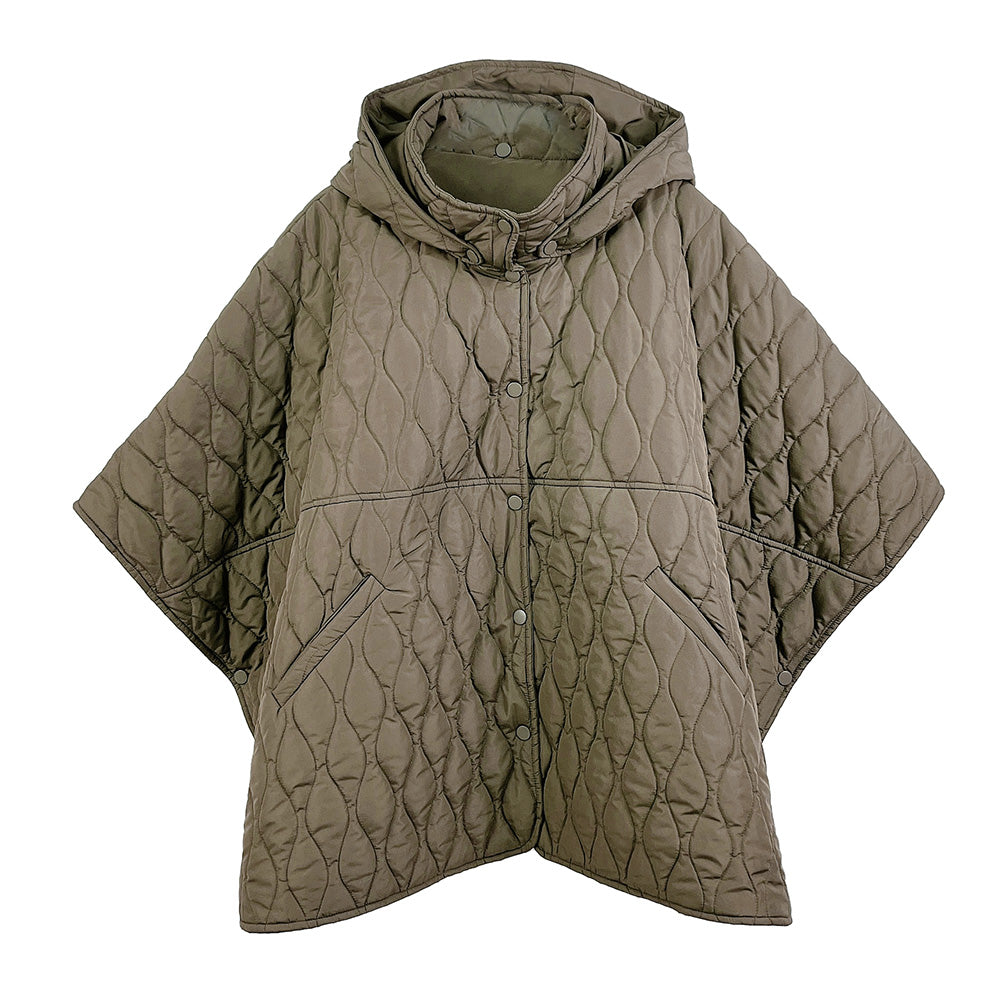 Olive Green Stylish quilted cape jacket featuring a relaxed silhouette, button-up front, and attached hood for added comfort. Perfect for layering during cooler seasons, this versatile outerwear piece combines warmth with a modern, minimalistic design for effortless everyday style.
