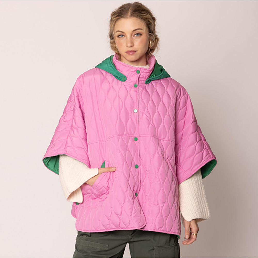 Pink&Green Stylish quilted cape jacket featuring a relaxed silhouette, button-up front, and attached hood for added comfort. Perfect for layering during cooler seasons, this versatile outerwear piece combines warmth with a modern, minimalistic design for effortless everyday style.