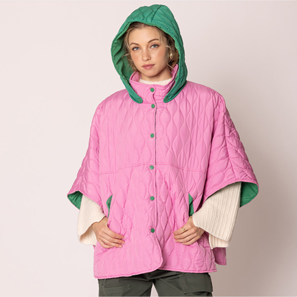 Pink&Green Stylish quilted cape jacket featuring a relaxed silhouette, button-up front, and attached hood for added comfort. Perfect for layering during cooler seasons, this versatile outerwear piece combines warmth with a modern, minimalistic design for effortless everyday style.