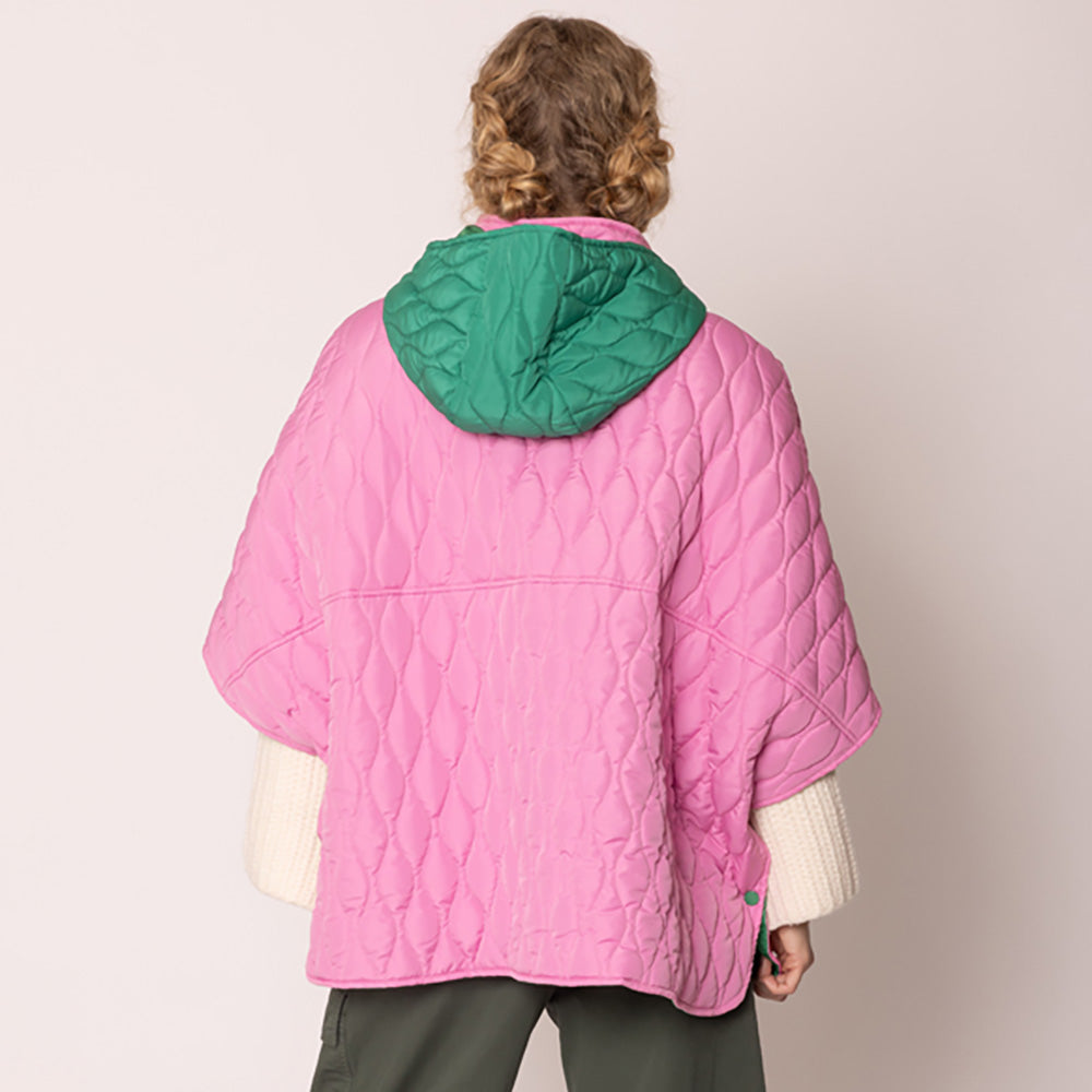 Pink&Green Stylish quilted cape jacket featuring a relaxed silhouette, button-up front, and attached hood for added comfort. Perfect for layering during cooler seasons, this versatile outerwear piece combines warmth with a modern, minimalistic design for effortless everyday style.