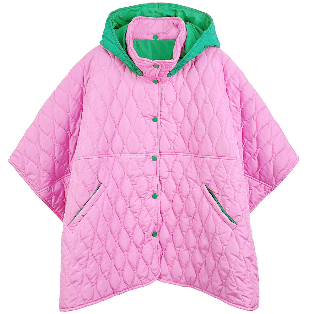 Pink&Green Stylish quilted cape jacket featuring a relaxed silhouette, button-up front, and attached hood for added comfort. Perfect for layering during cooler seasons, this versatile outerwear piece combines warmth with a modern, minimalistic design for effortless everyday style.
