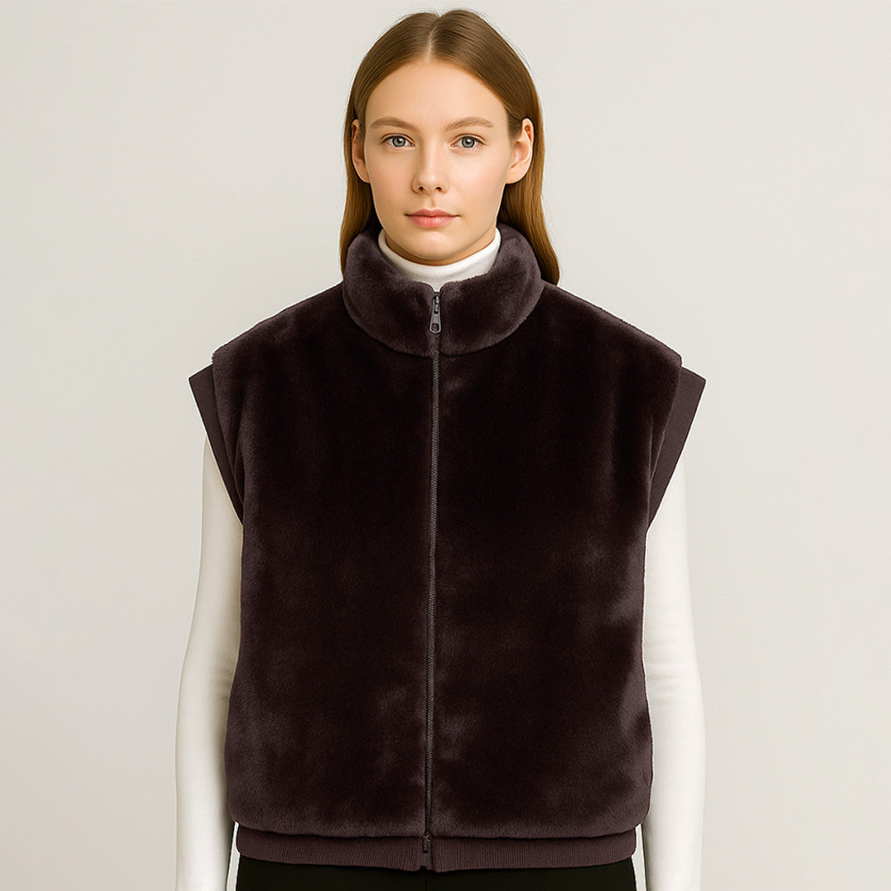 Brown Faux Fur Rib Sleeve Vest
