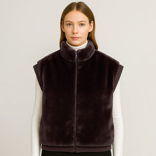 Brown Faux Fur Rib Sleeve Vest