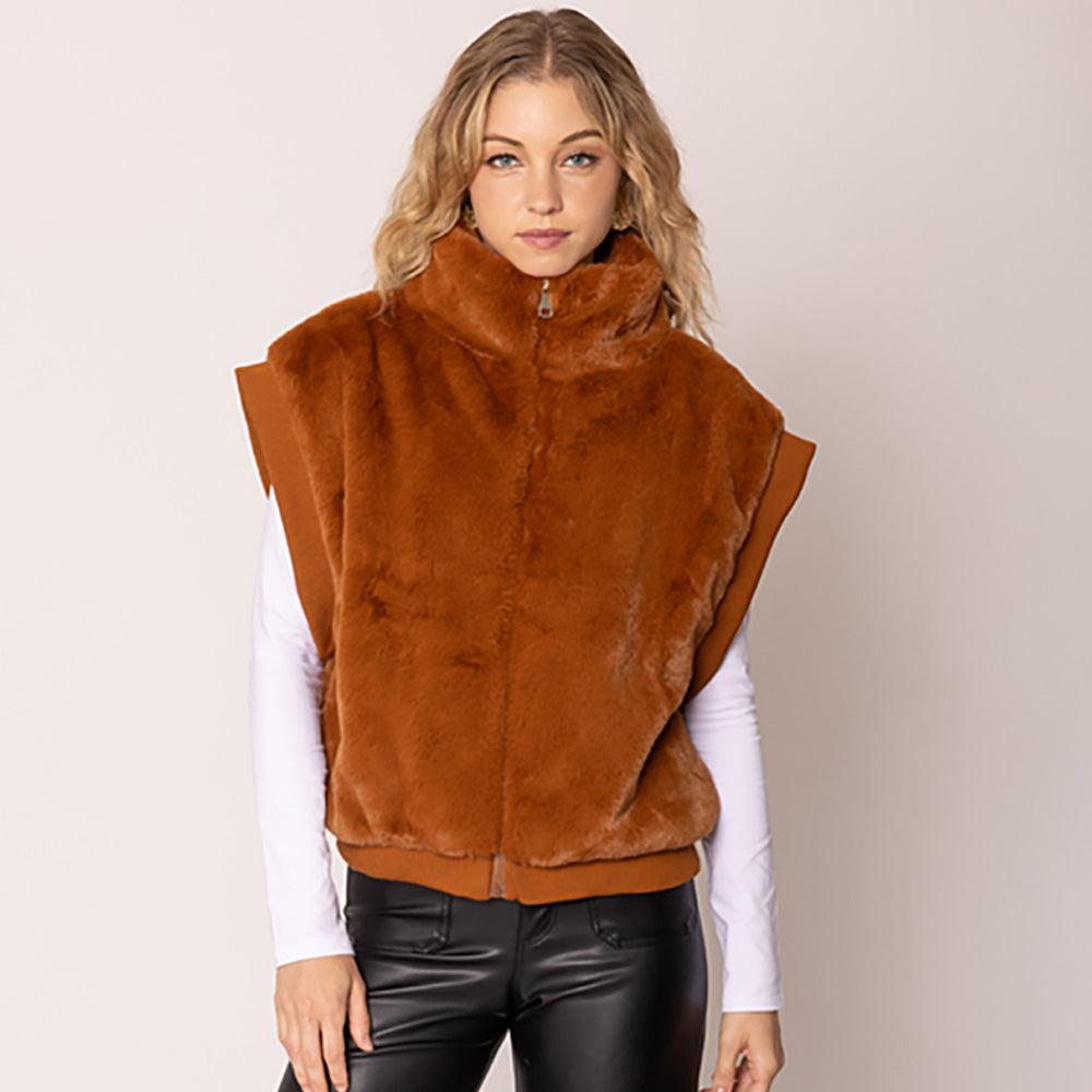 Rust Faux Fur Rib Sleeve Vest