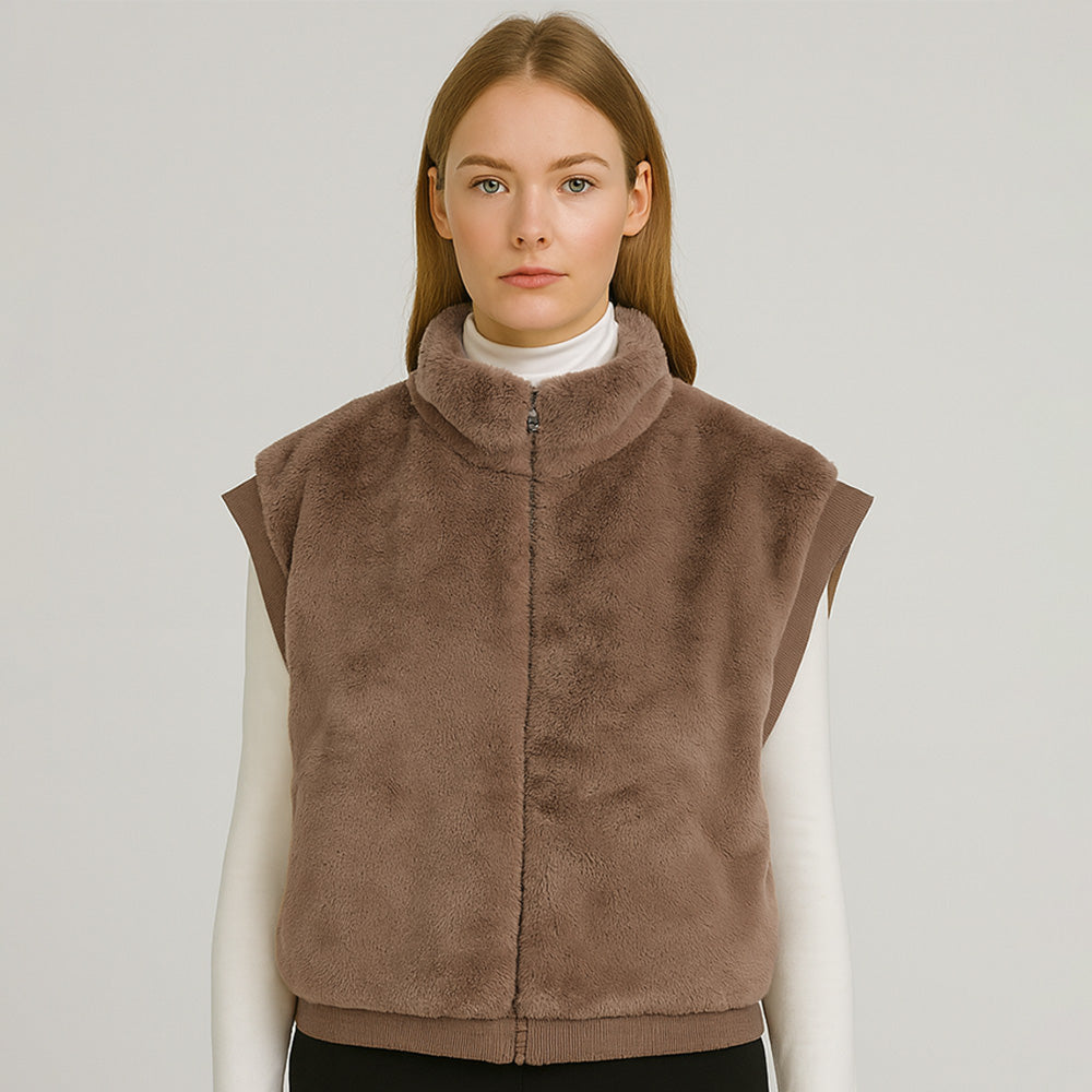Taupe Faux Fur Rib Sleeve Vest