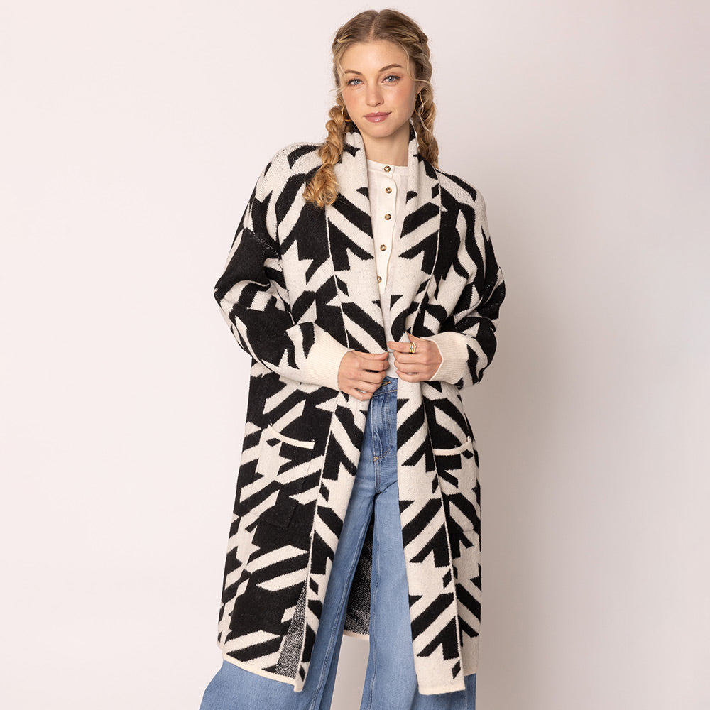 Black Open Front Houndstooth Pattern Long Cardigan