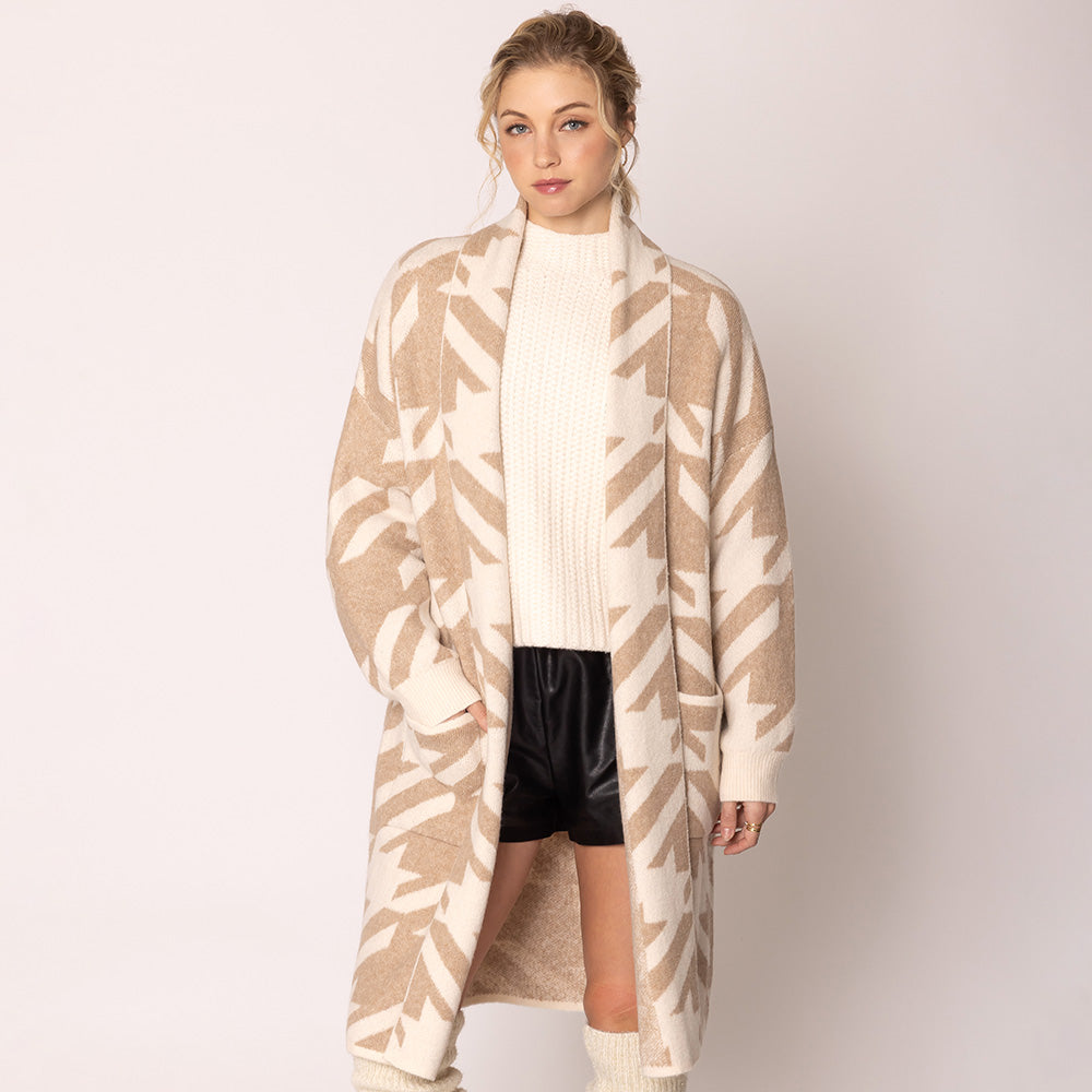 Camel Open Front Houndstooth Pattern Long Cardigan