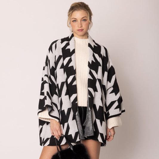 Black Open Front Houndstooth Knit Pattern Cardigan
