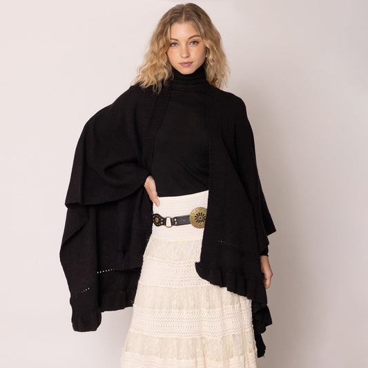 Black Ruffle Hem Knit Ruana
