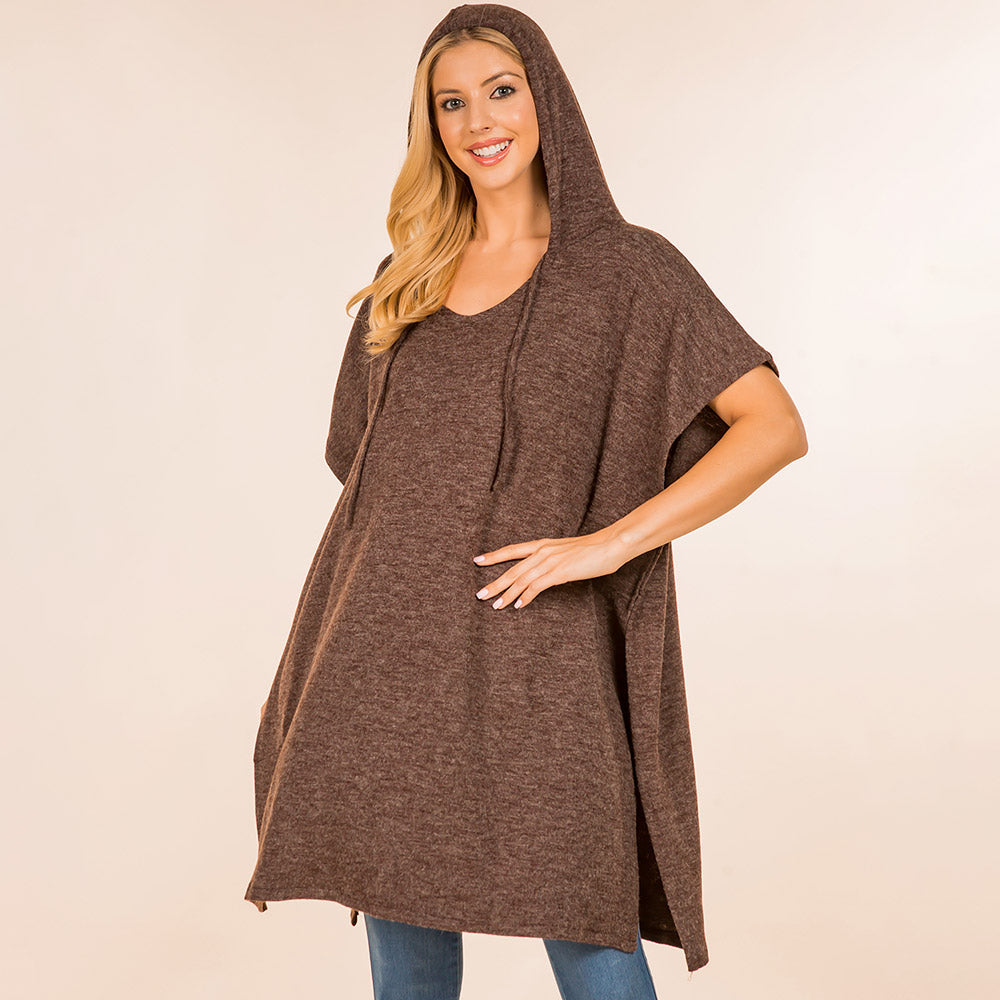 Brown Solid Cozy Hooded Poncho
