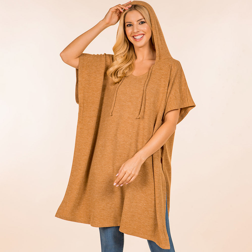Camel Solid Cozy Hooded Poncho