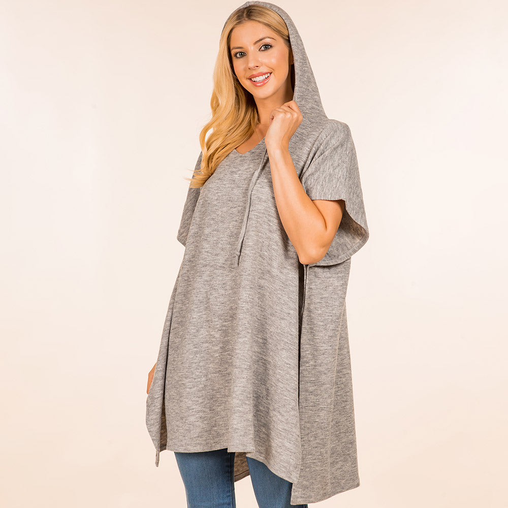 Gray Solid Cozy Hooded Poncho