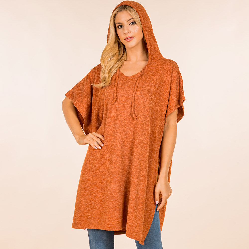 Rust Solid Cozy Hooded Poncho