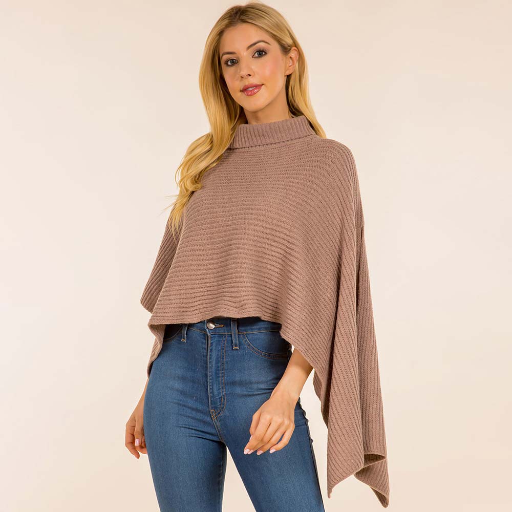 Tan Mock Neck Ribbed Knit Asymmetrical Cape Poncho
