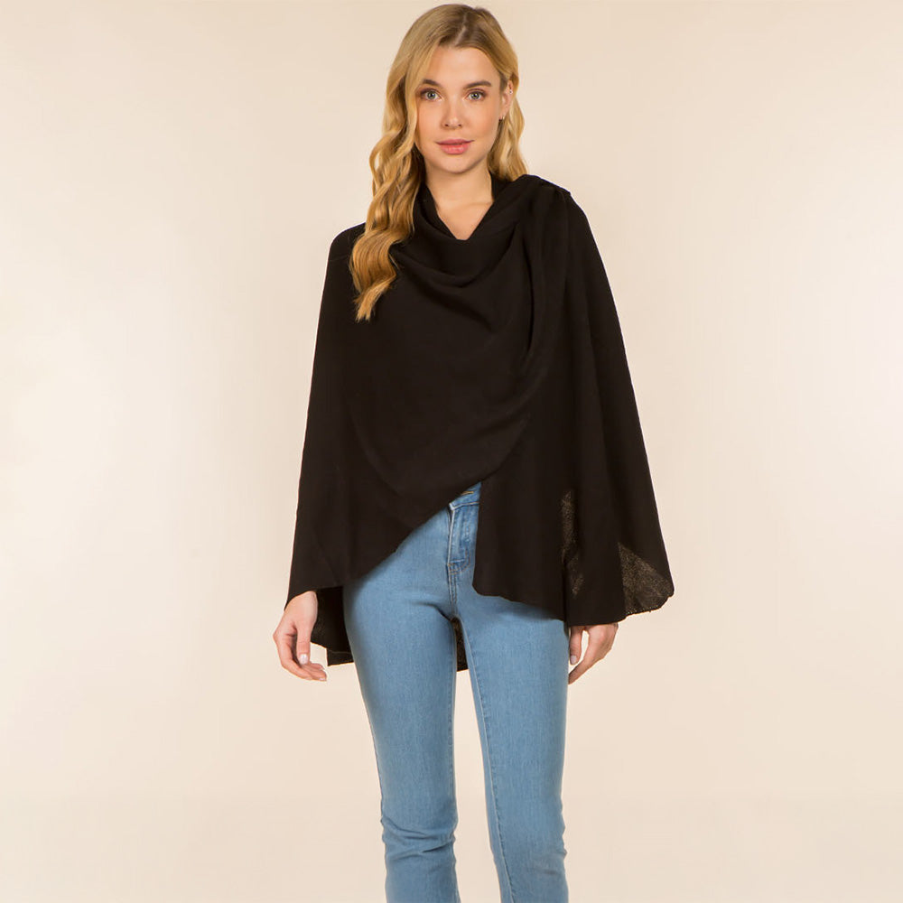Black Elegant Solid Drape Wrap Poncho