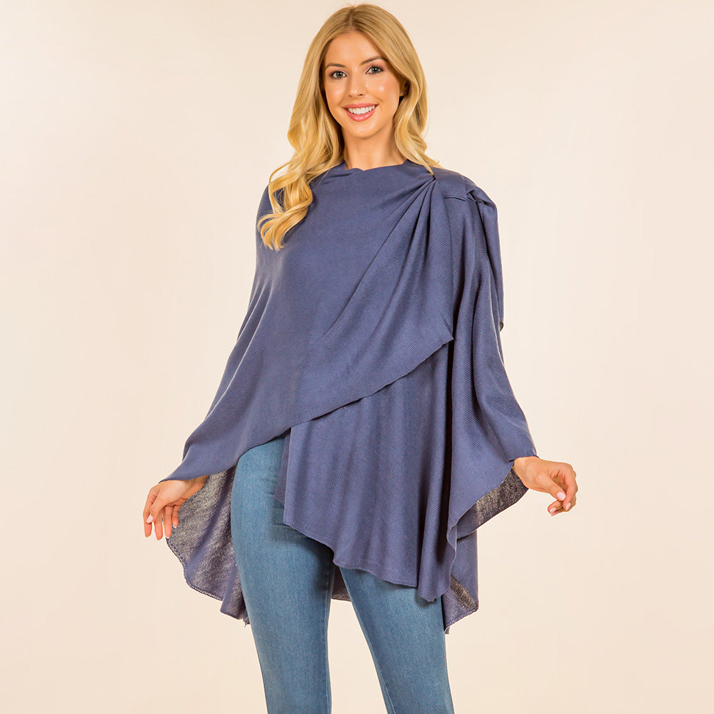 Blue Elegant Solid Drape Wrap Poncho