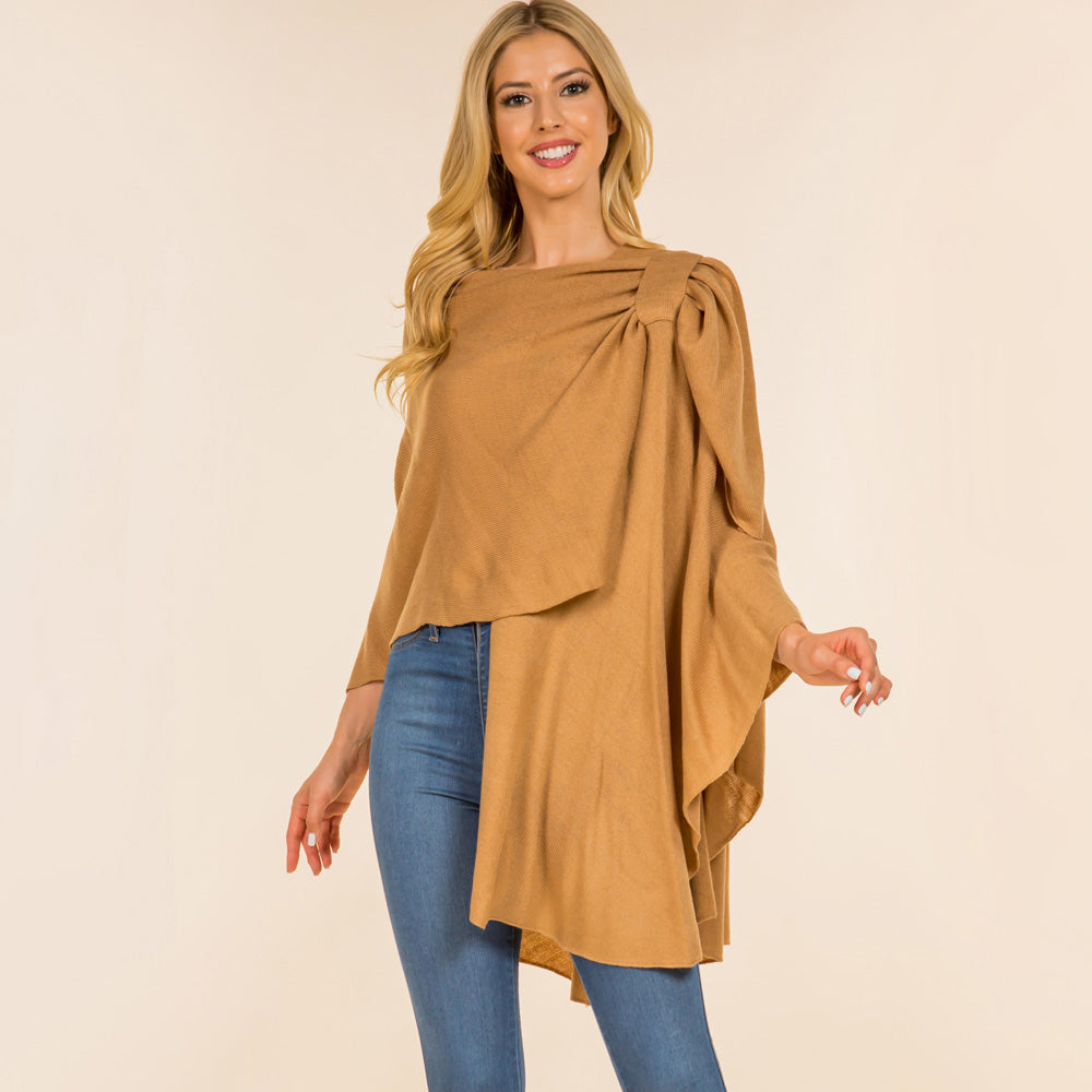 Camel Elegant Solid Drape Wrap Poncho