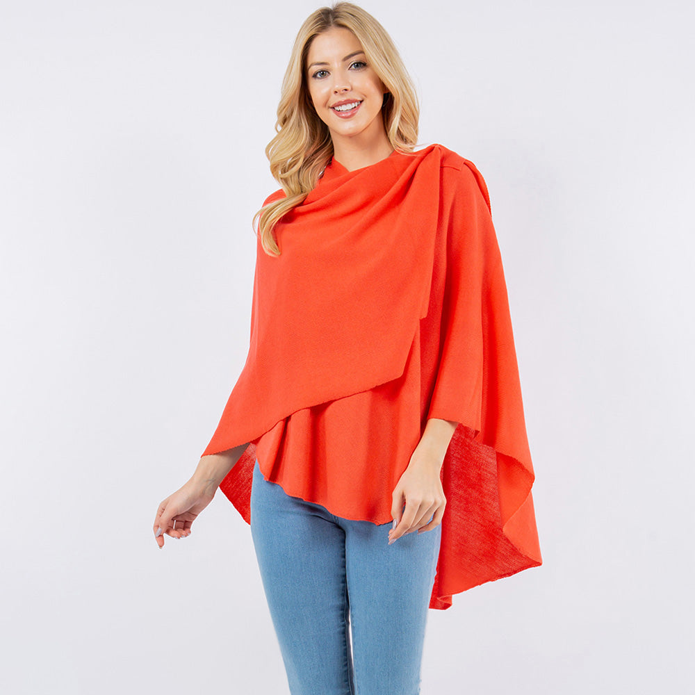 Coral Elegant Solid Drape Wrap Poncho