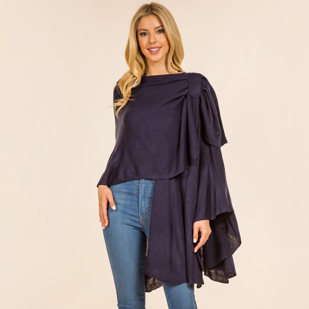 Navy Elegant Solid Drape Wrap Poncho