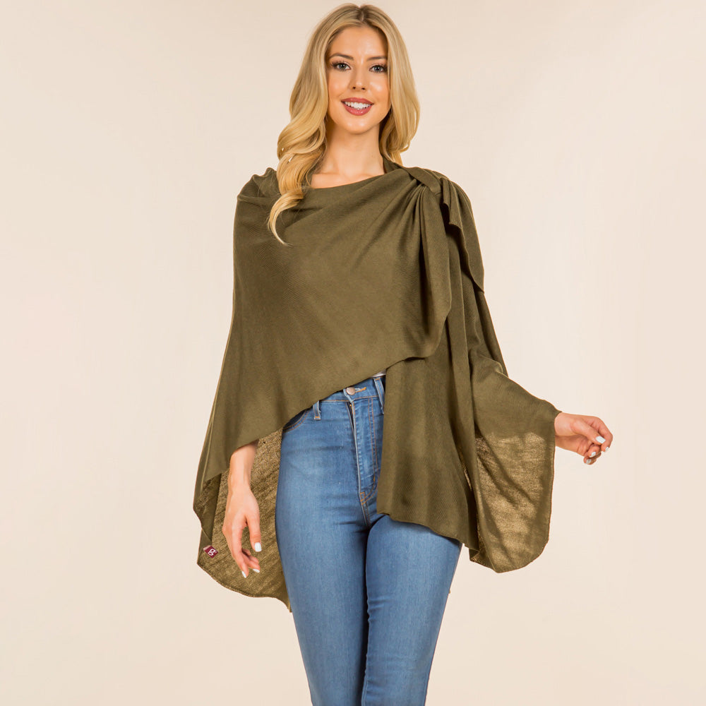 Olive Green Elegant Solid Drape Wrap Poncho