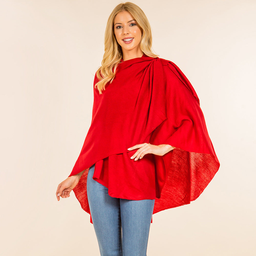 Red Elegant Solid Drape Wrap Poncho