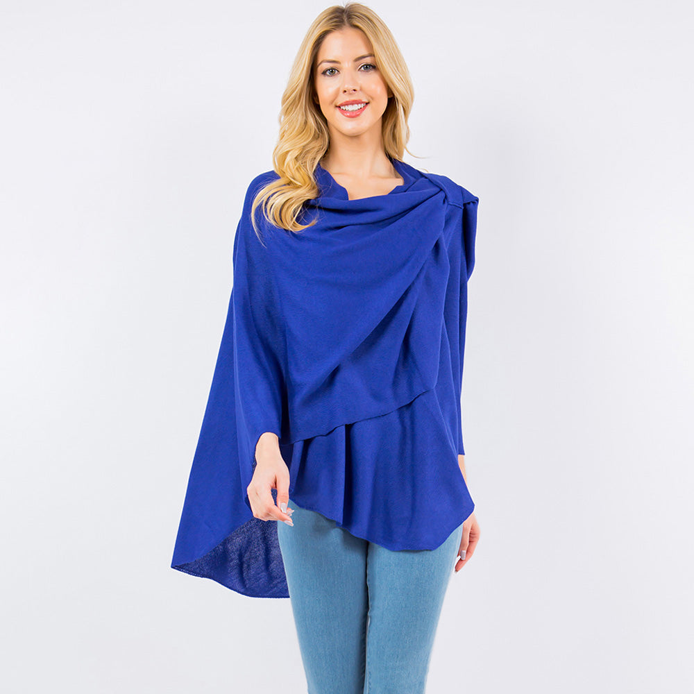Royal Blue Elegant Solid Drape Wrap Poncho