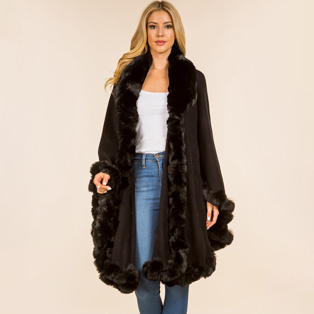 Black Faux Fur Trim Flowing Shawl Cape Poncho