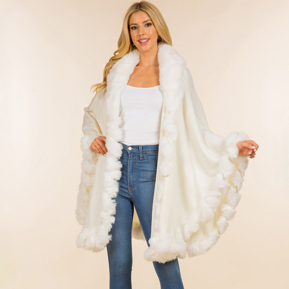 Ivory Faux Fur Trim Flowing Shawl Cape Poncho