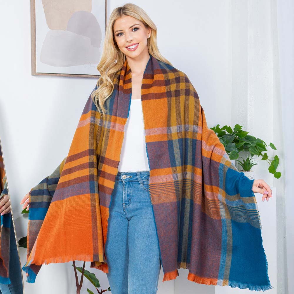 Orange Plaid Shawl Poncho Scarf