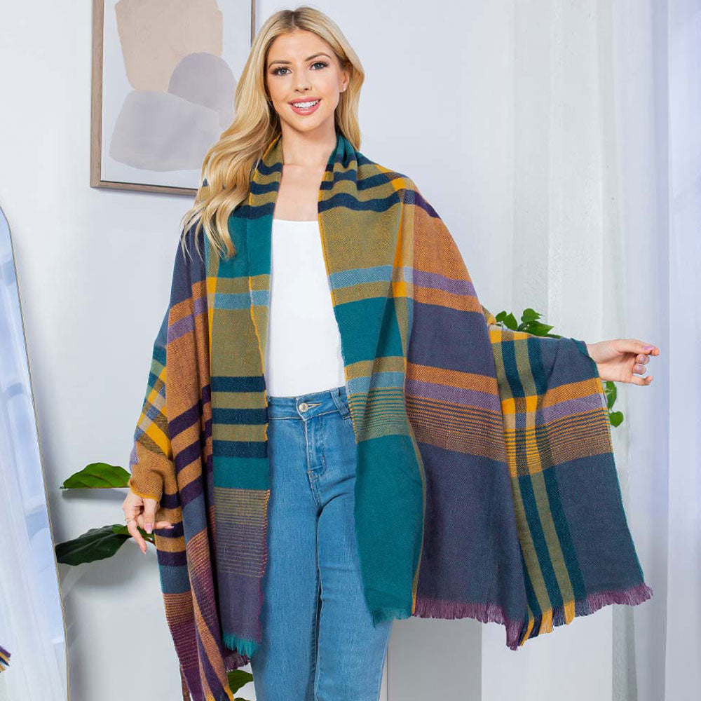 Purple Plaid Shawl Poncho Scarf