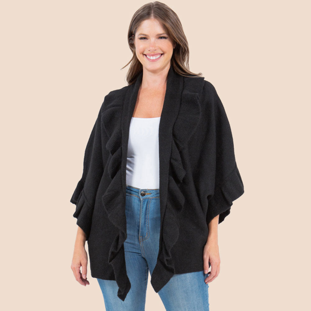 Black Solid Ruffle Accent Kimono Poncho