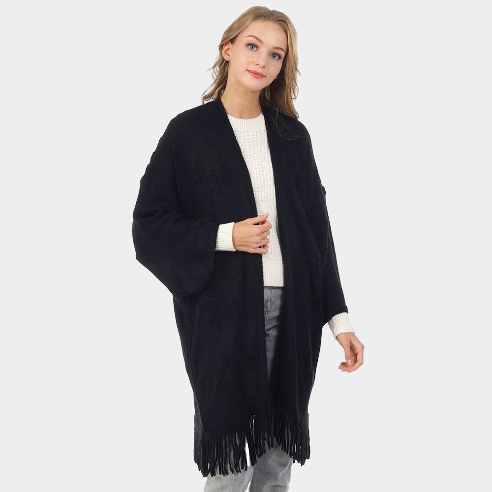 Black Aztec Patterned Fringe Poncho