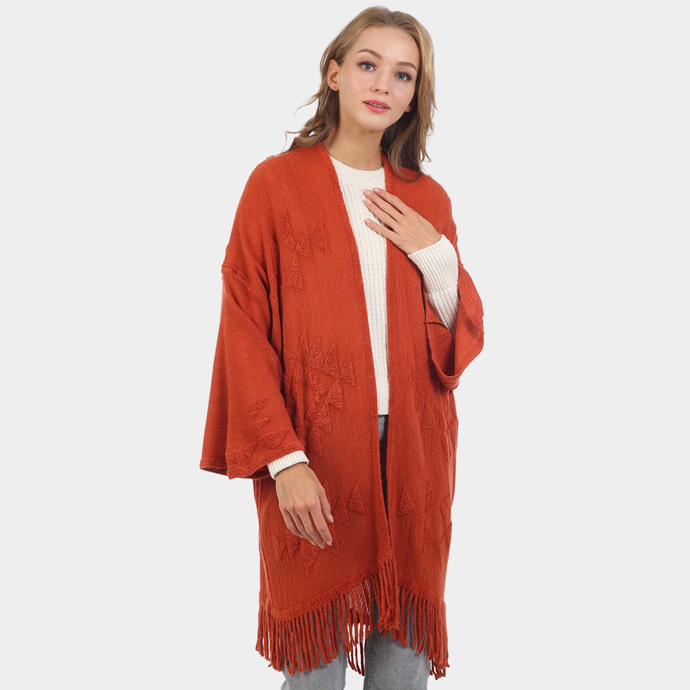 Rust Aztec Patterned Fringe Poncho