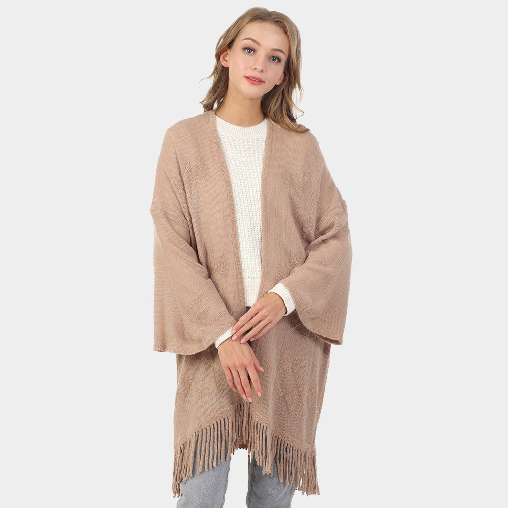 Taupe Aztec Patterned Fringe Poncho