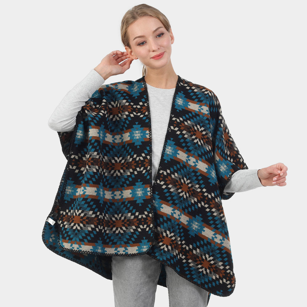 Blue Boho Patterned Poncho