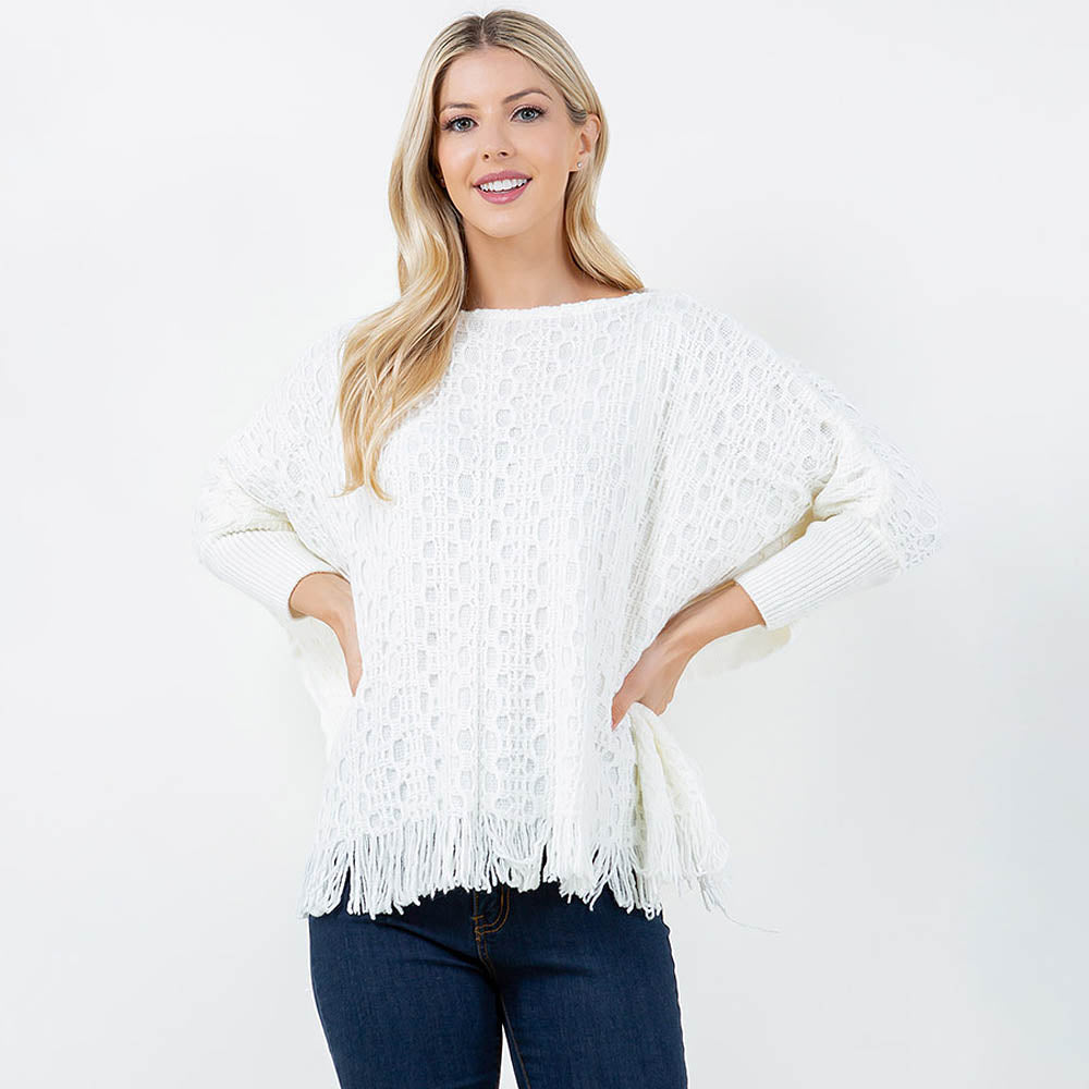 Ivory Boho Fringe Hem Crochet Knit Poncho