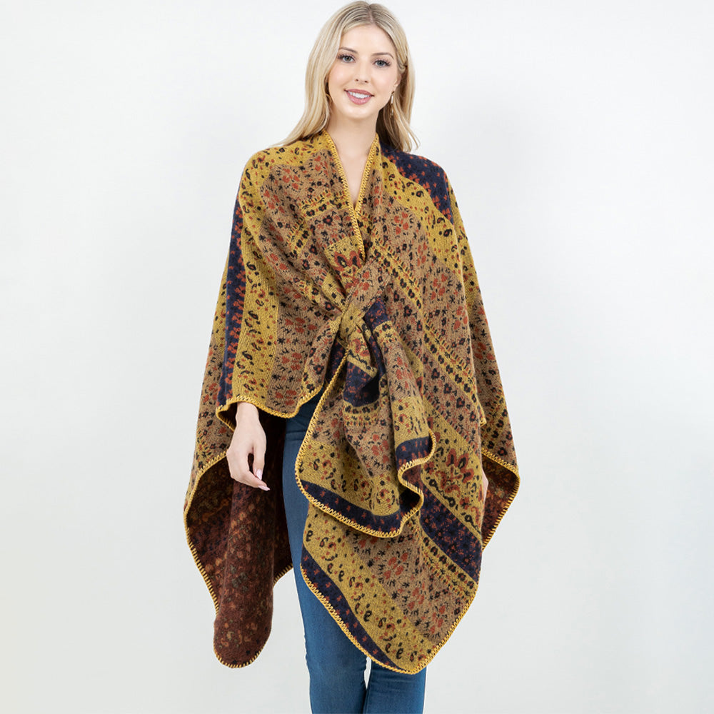 Mustard Open Front Bohemian Pattern Shawl Wrap with Loop