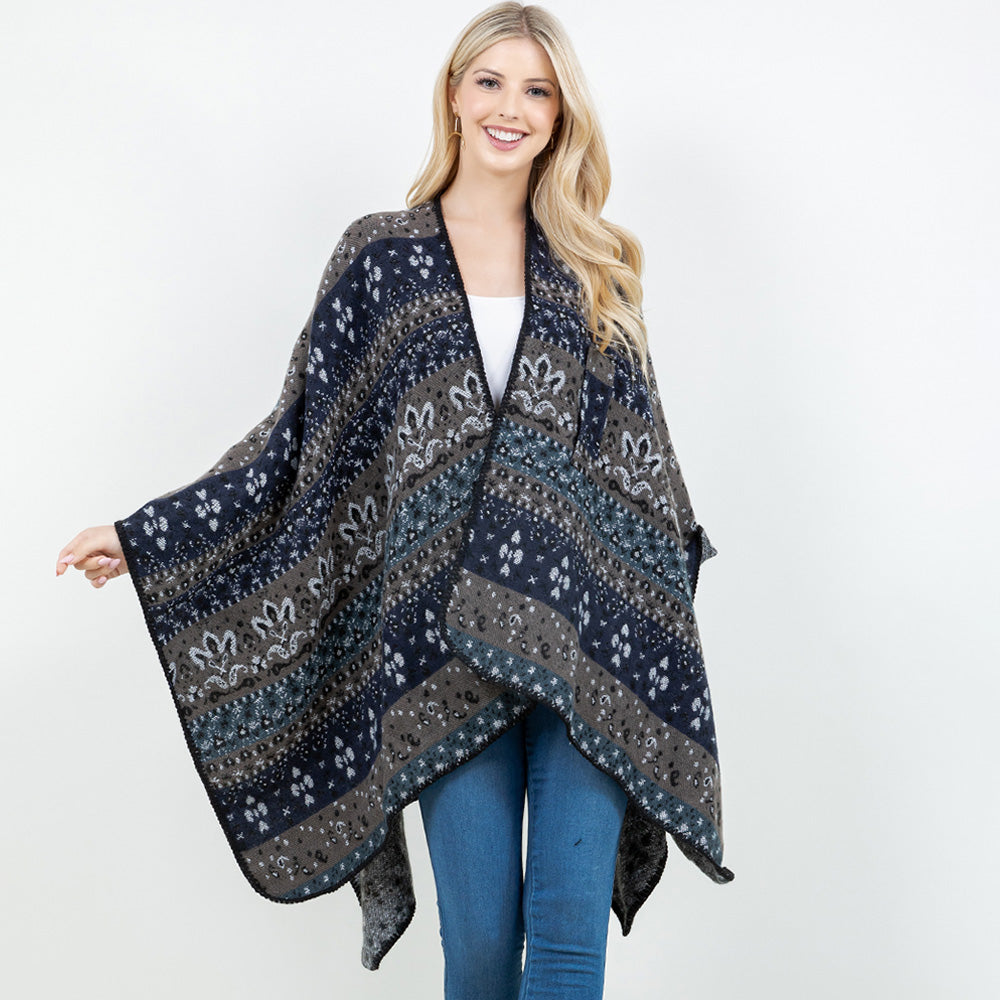 Navy Open Front Bohemian Pattern Shawl Wrap with Loop