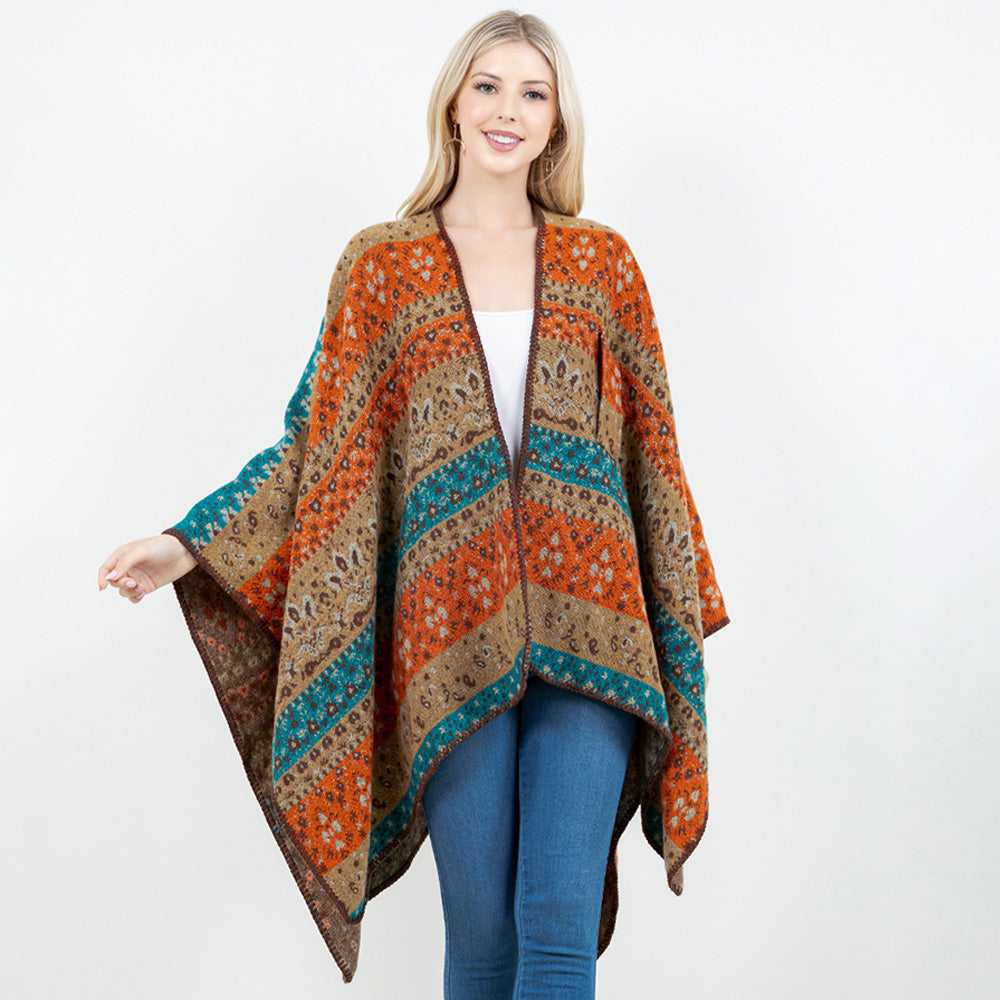 Orange Open Front Bohemian Pattern Shawl Wrap with Loop