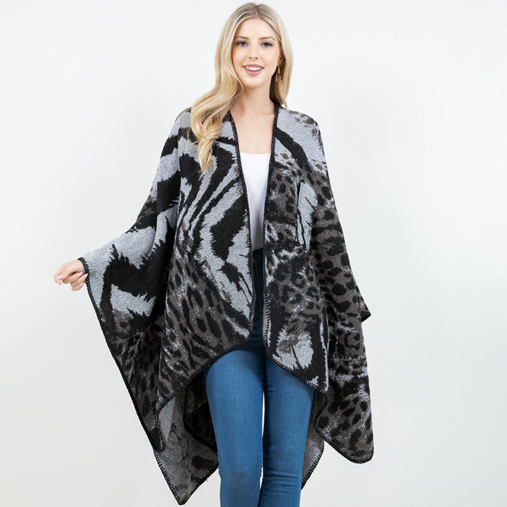 Black Open Front Abstract Animal Pattern Print Shawl Wrap Poncho with Loop