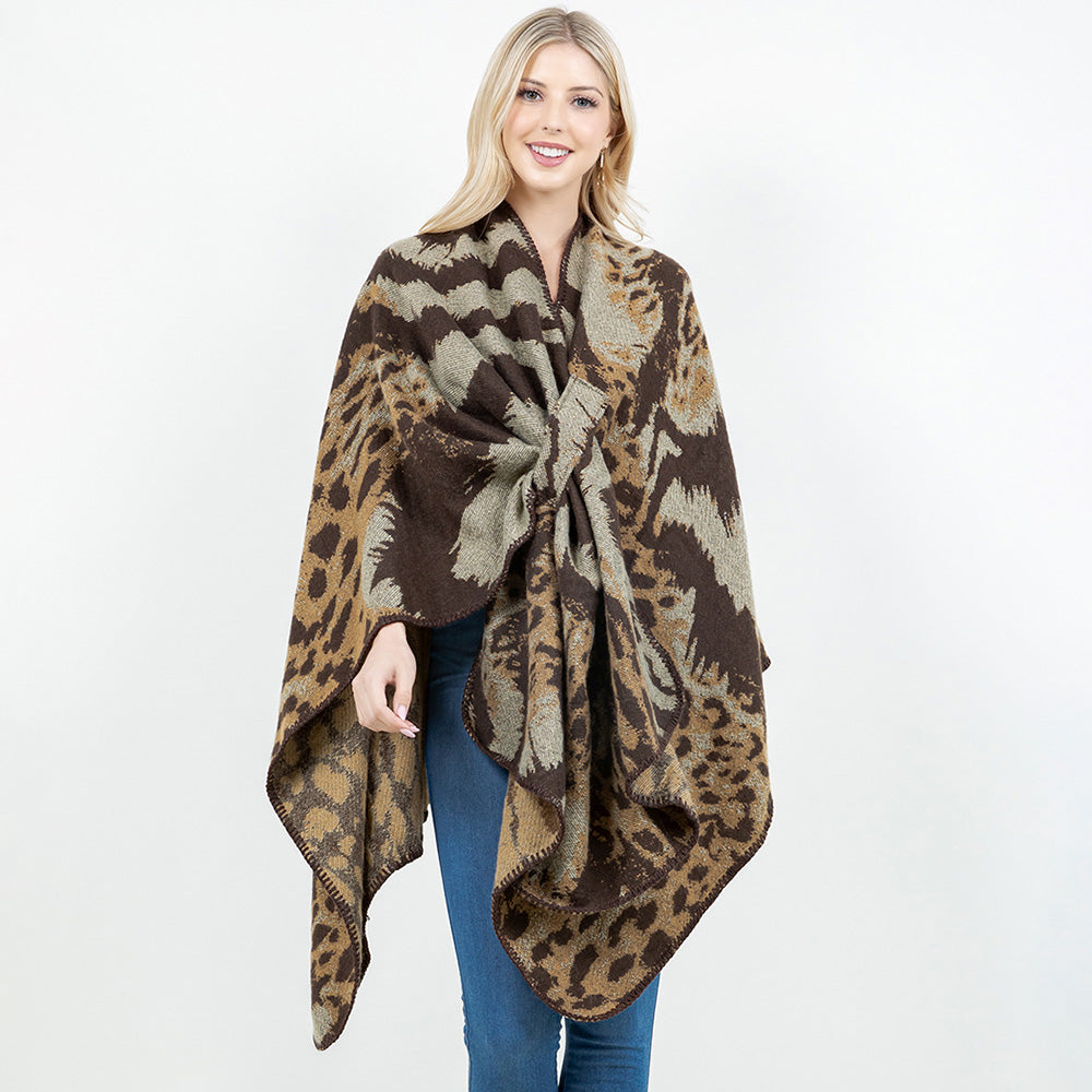 Camel Open Front Abstract Animal Pattern Print Shawl Wrap Poncho with Loop