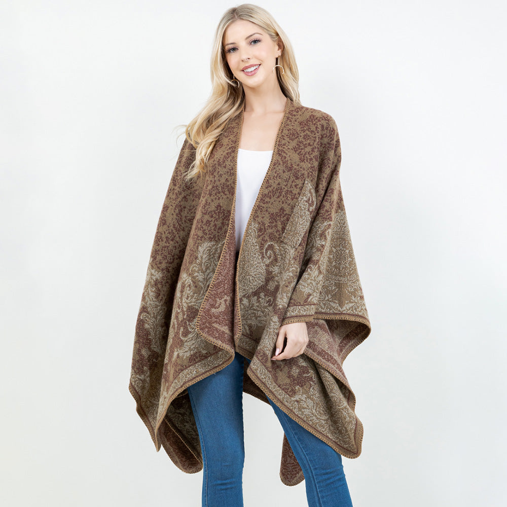 Camel Open Front Baroque Floral Border Print Shawl Wrap Poncho with Loop