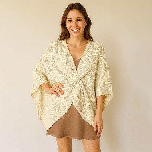 Madeline Love Beige Front Tie Textured Knit Wrap Shawl Poncho - Hair Accessories