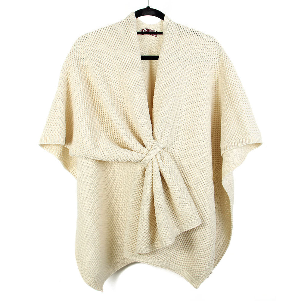 Madeline Love Beige Front Tie Textured Knit Wrap Shawl Poncho - Hair Accessories - desc
