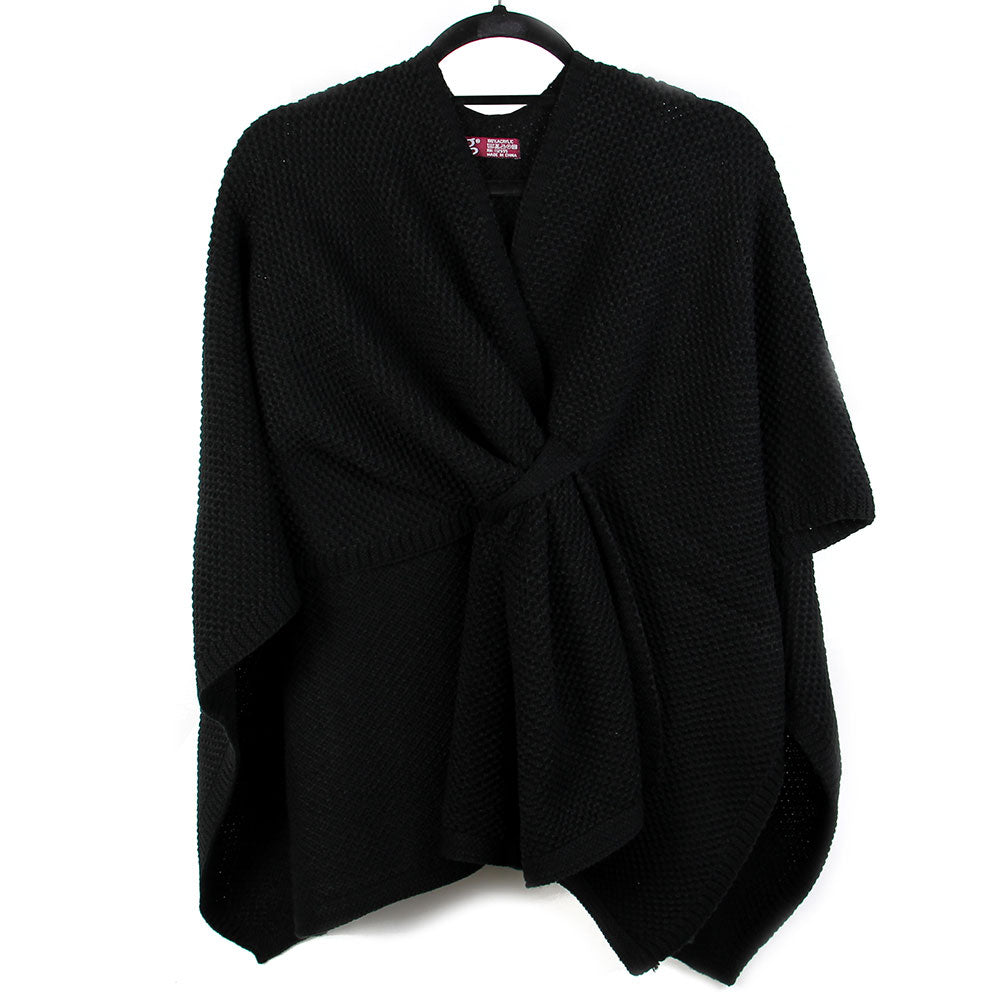 Madeline Love Black Front Tie Textured Knit Wrap Shawl Poncho - Hair Accessories - desc