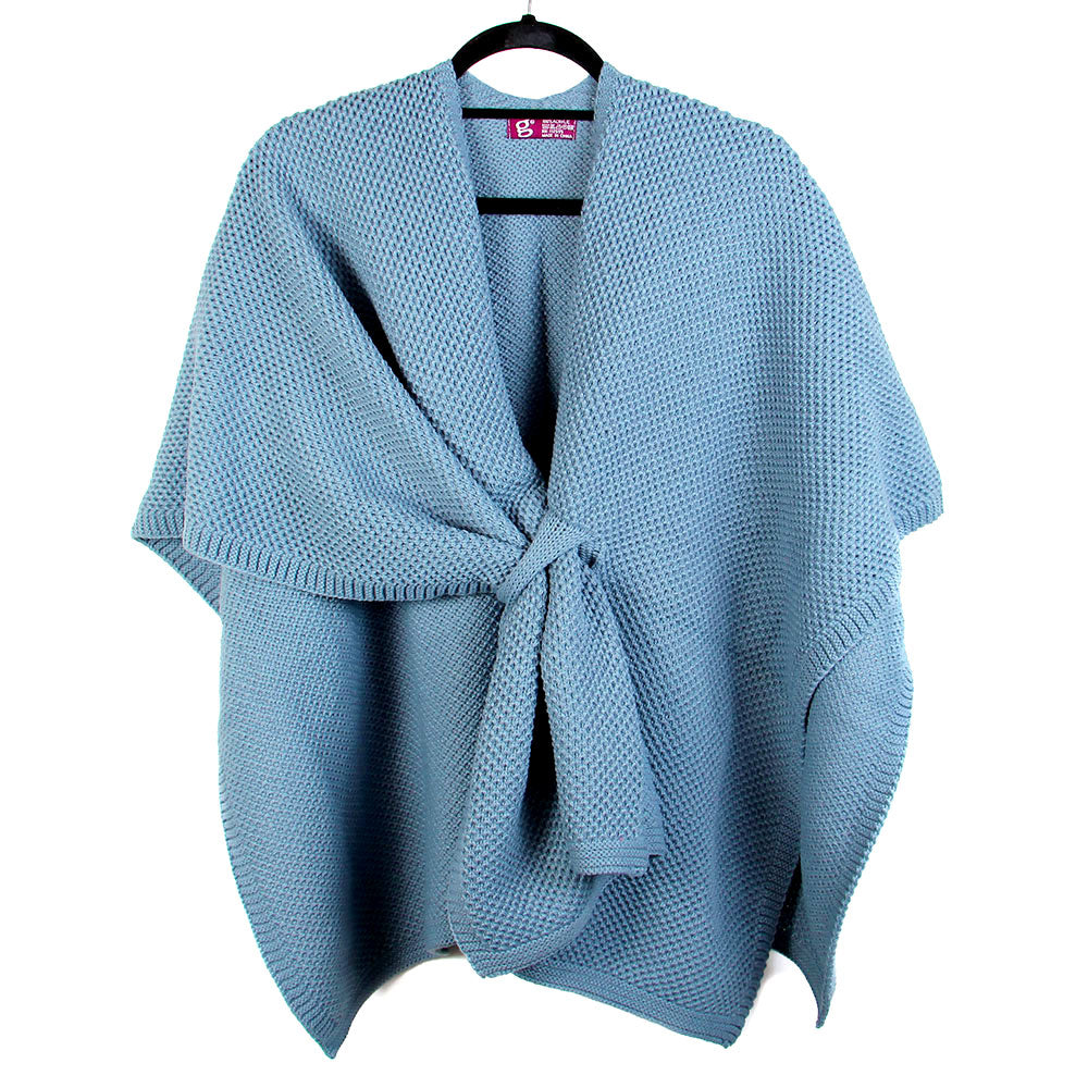 Madeline Love Blue Front Tie Textured Knit Wrap Shawl Poncho - Hair Accessories - desc