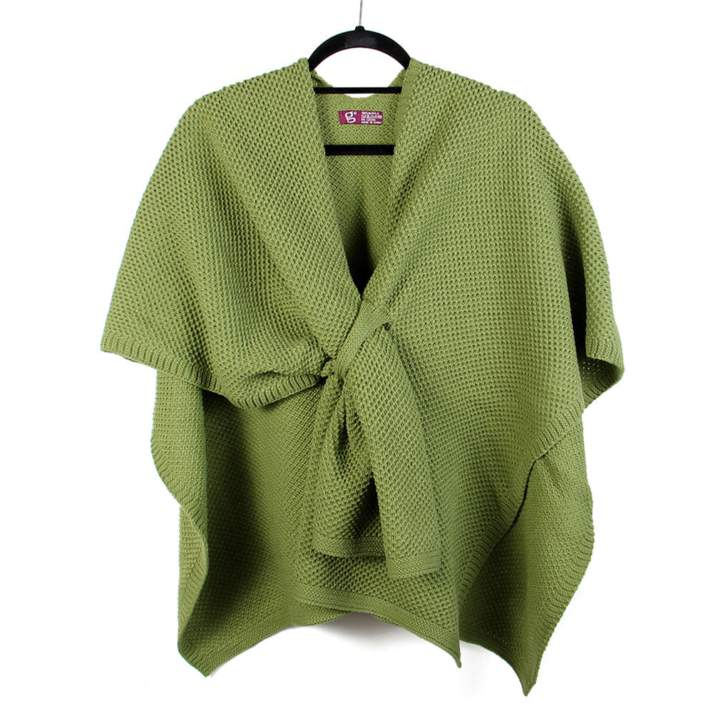 Madeline Love Green Front Tie Textured Knit Wrap Shawl Poncho - Hair Accessories - desc