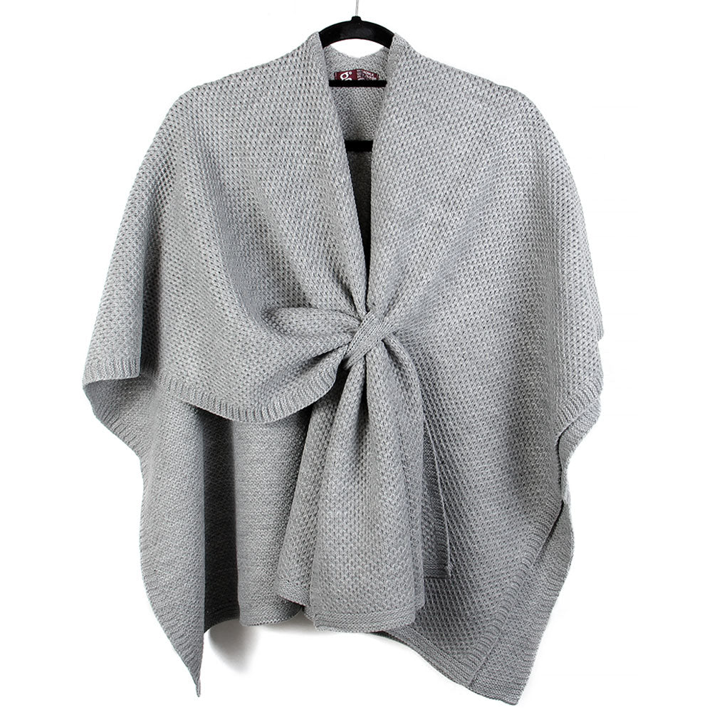 Madeline Love Gray Front Tie Textured Knit Wrap Shawl Poncho - Hair Accessories - desc